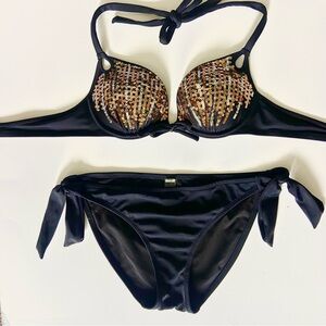 Victoria’s Secret Black Metallic Sequin Bikini Set 34 B Medium